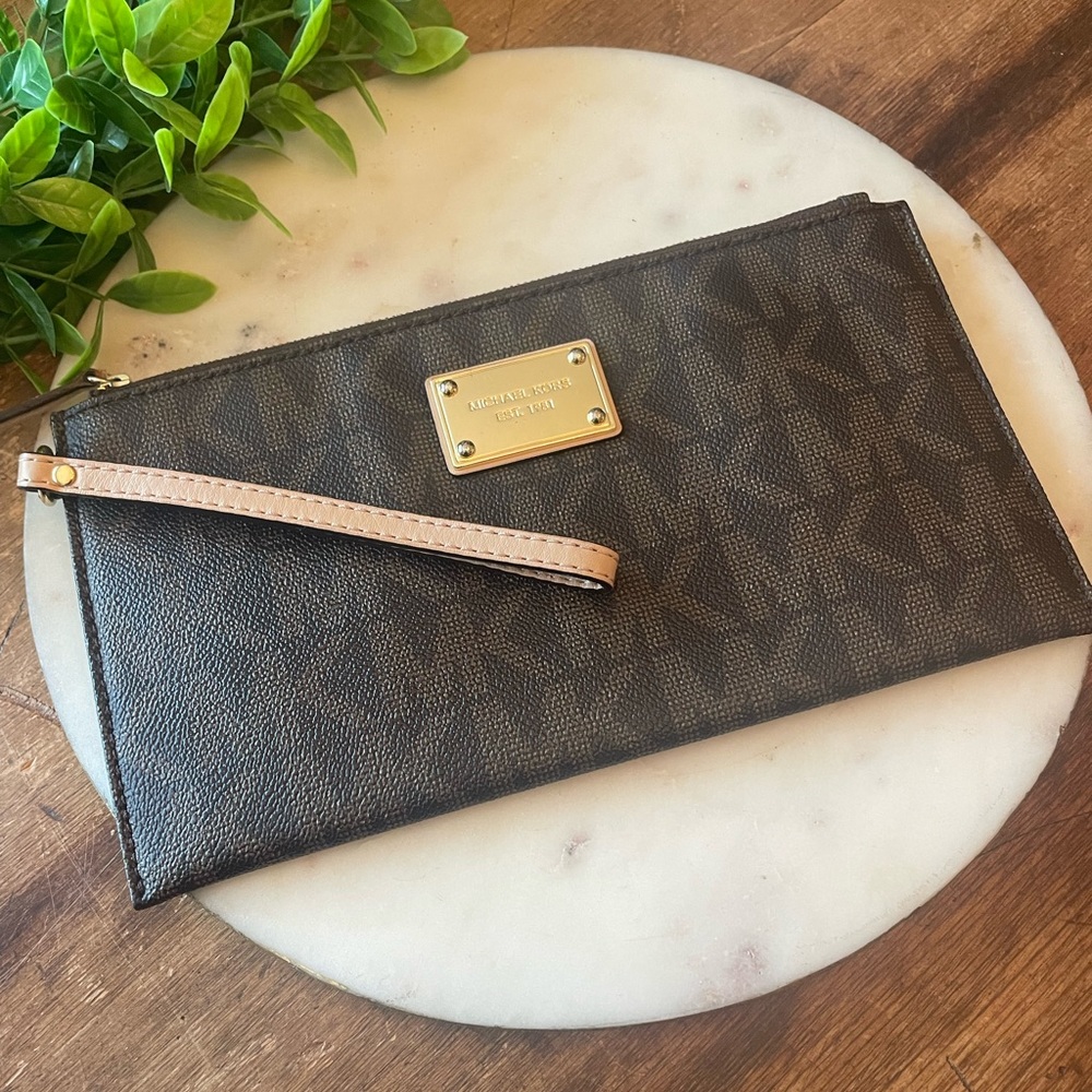Michael Kors Brown Large Logo Wristlet Wallet
